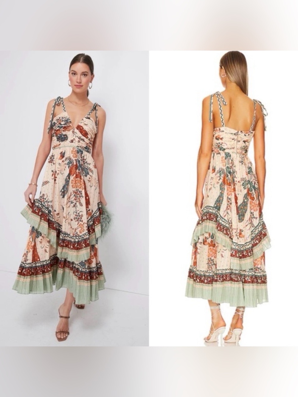 Ulla Johnson Meera Tie-Strap Midi Dress Egret Floral Tiered Ruffle Size 2